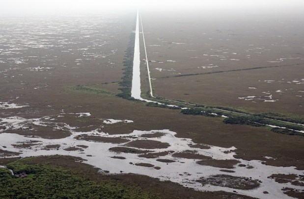 The contrast between normal sheet flow of water, below, and water flow managed by a canal is seen on both sides of the L-67 canal in the Everglades, Thursday, July 11, 2024. (Joe Cavaretta/South Florida Sun Sentinel, Aerial support provided by LightHawk)