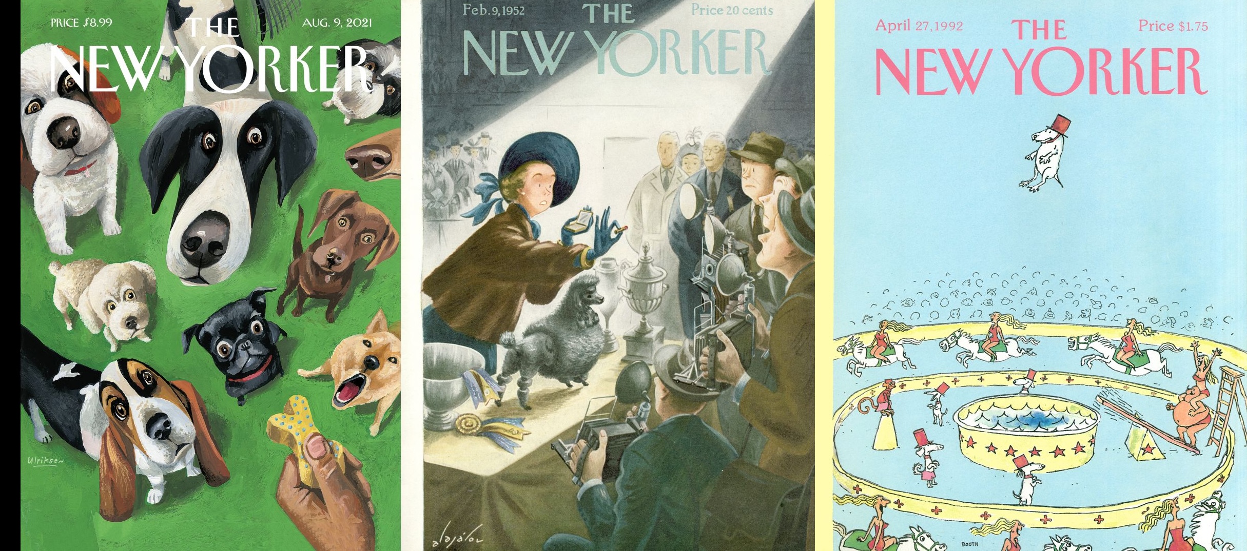 Left-Right: “Summer Treat,” by Mark Ulriksen © Mark Ulriksen & The New Yorker; “February 9, 1952,” by Constantin Aladjalov © Constantin Aladjalov & The New Yorker; “April 27, 1992,” by George Booth © George Booth & The New Yorker.
