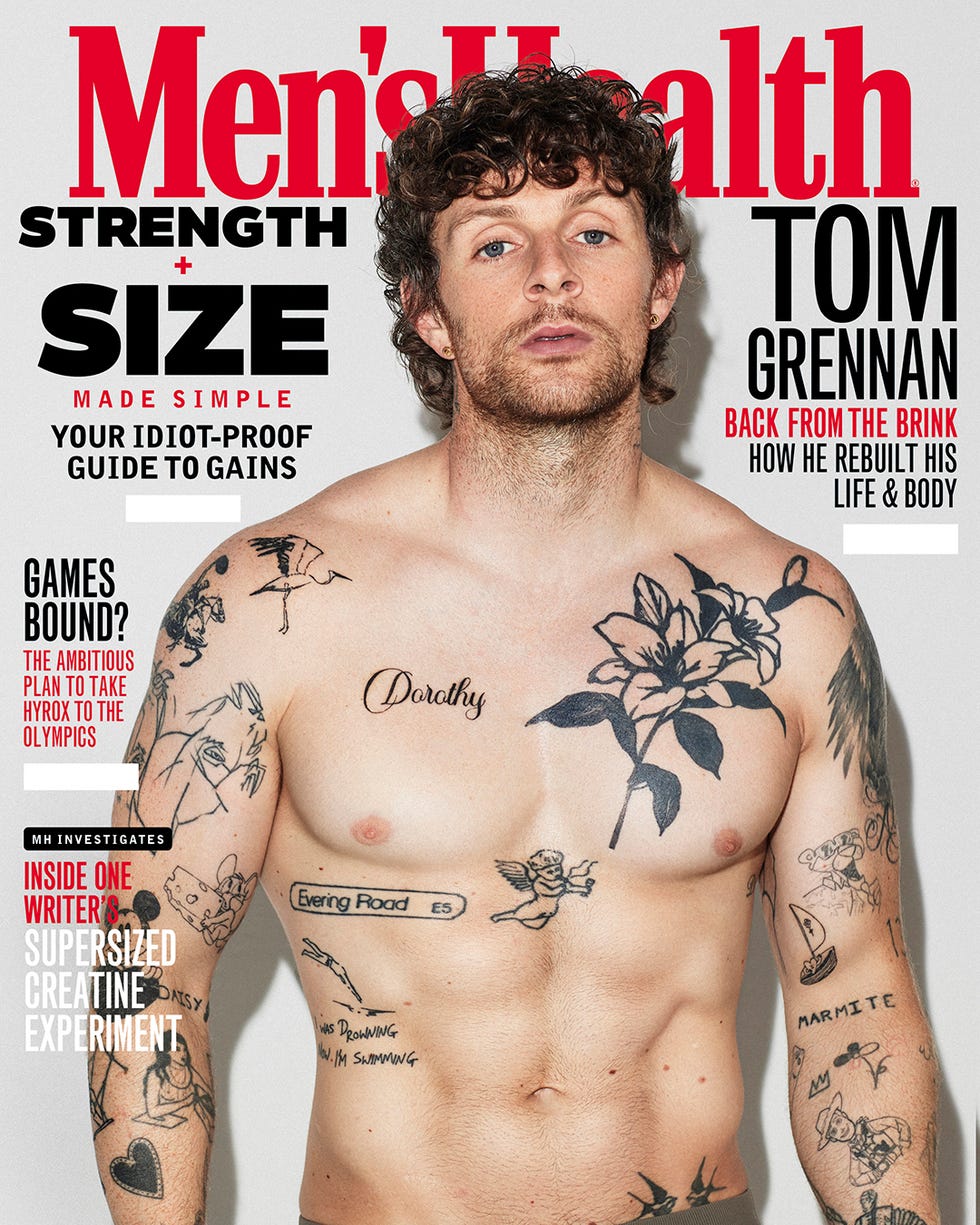 mens health magazine cover featuring a muscular man with tattoos