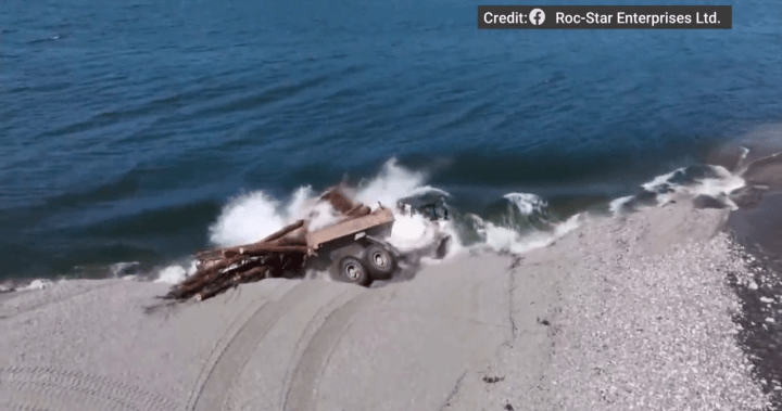 Drone video captures truck falling into Vancouver Island lake as ground gives way - BC