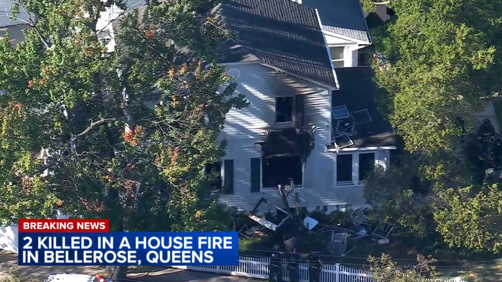 Aerial view of a house fire in Bellerose, Queens, where two people died.
