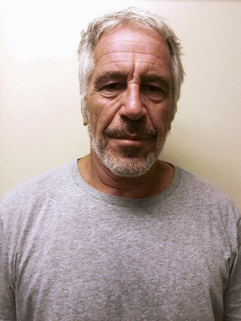 Mugshot of Jeffrey Epstein with a gray beard and gray hair, wearing a gray T-shirt, facing forward.