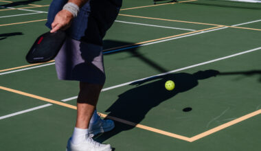 A man plays pickleball at San Diego Pickelball at the Mission Bay Resort On Nov. 28, 2023.