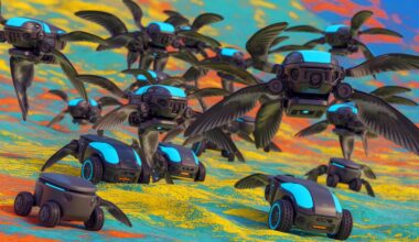 Illustration of robots advancing artificial swarm intelligence inspired by the collective behaviors of birds, fish, and bees.