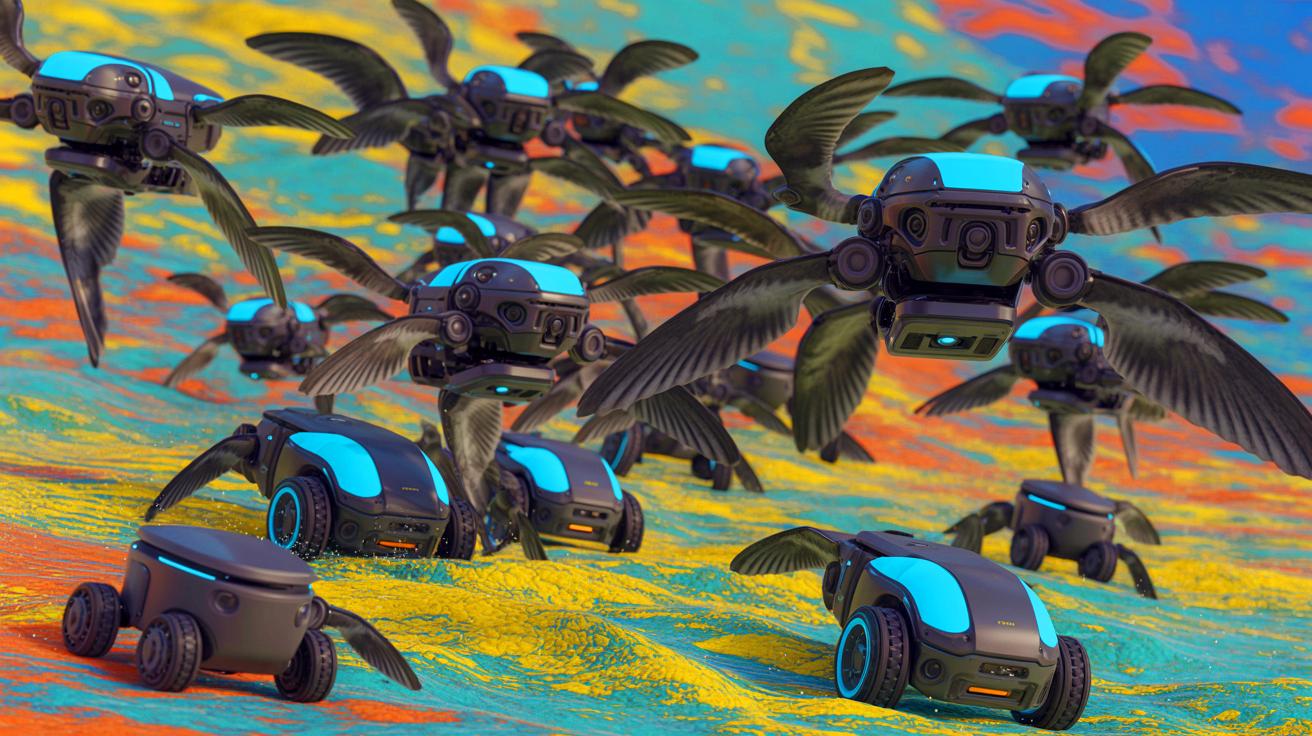 Illustration of robots advancing artificial swarm intelligence inspired by the collective behaviors of birds, fish, and bees.