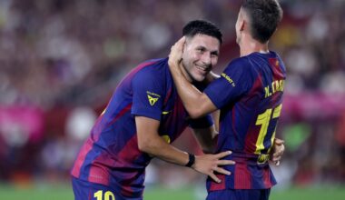 KOBE, JAPAN - JULY 27: FC Barcelona's Roony Bardghji (L) is congratulated by Marc Casado after scoring a goal during the preseason friendly between Vissel Kobe and FC Barcelona at Noevir Stadium Kobe on July 27, 2025 in Kobe, Hyogo, Japan. (Photo by Paul Miller/Getty Images)