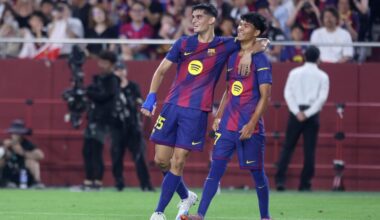 KOBE, JAPAN - JULY 27: FC Barcelona's Pedro Fernandez (R) is congratulated by Gerard Martin during the preseason friendly between Vissel Kobe and FC Barcelona at Noevir Stadium Kobe on July 27, 2025 in Kobe, Hyogo, Japan. (Photo by Paul Miller/Getty Images)