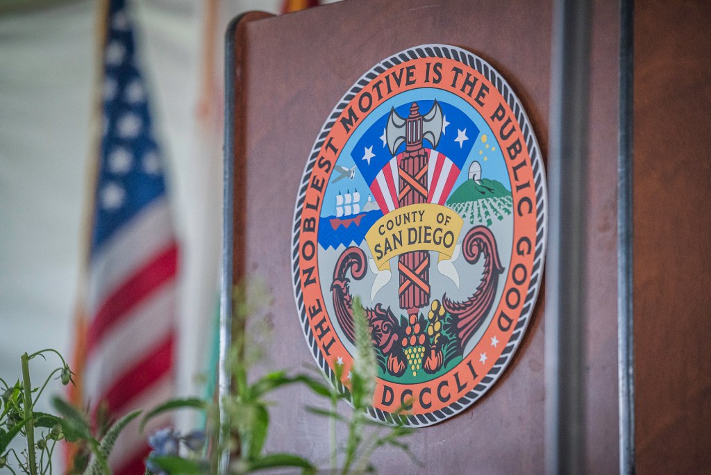 The podium at the swearing in ceremony of County of Supervisors District One Paloma Aguirre at Waterfront Park, downtown San Diego on July 22,2025.