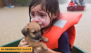 An AI-generated image of a young girl wearing a life vest holding a puppy during a flood