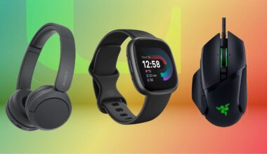 A pair of headphones, smartwatch and PC mouse against a green and red gradient CNET background.