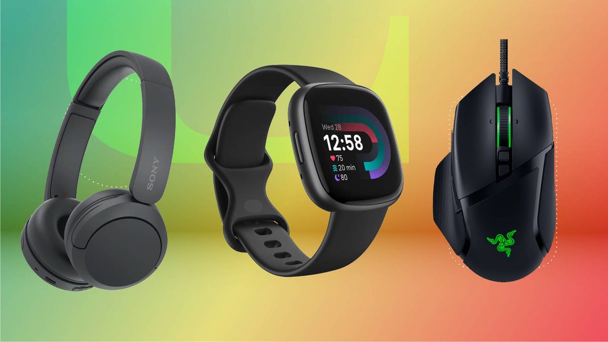 A pair of headphones, smartwatch and PC mouse against a green and red gradient CNET background.