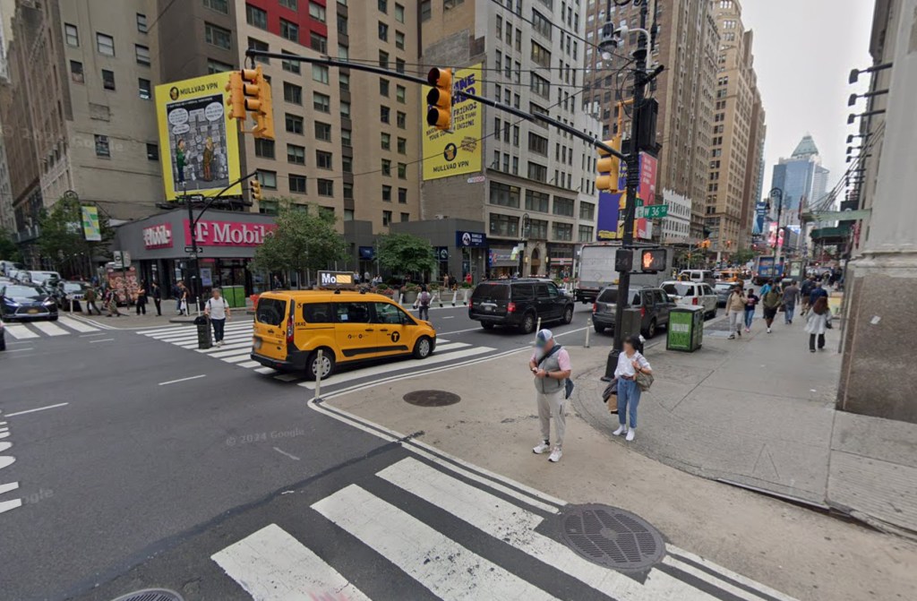 Street view of West 36th Street near Broadway in New York City.