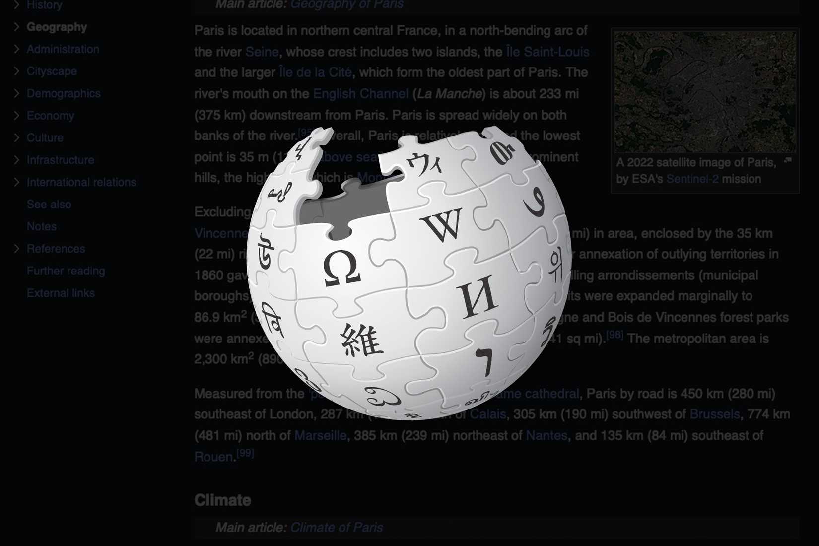 Wikipedia logo on a dark screenshot.