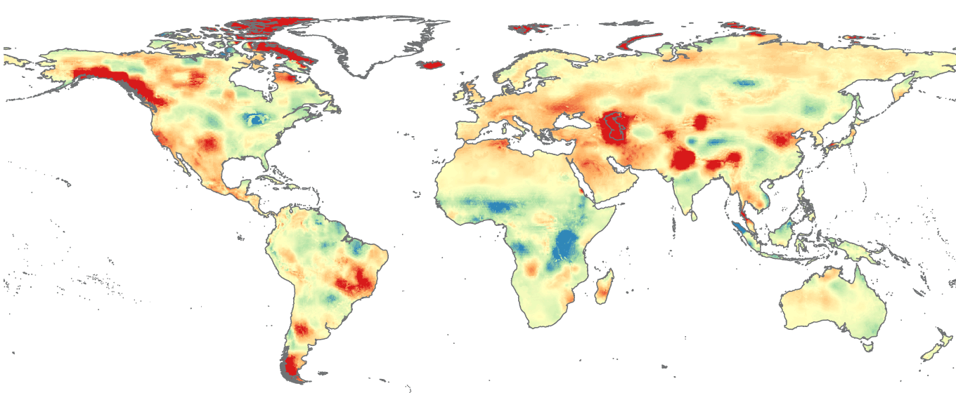 World map shows rates of extreme drying scattered around the Americas and parts of Asia and the Middle East.