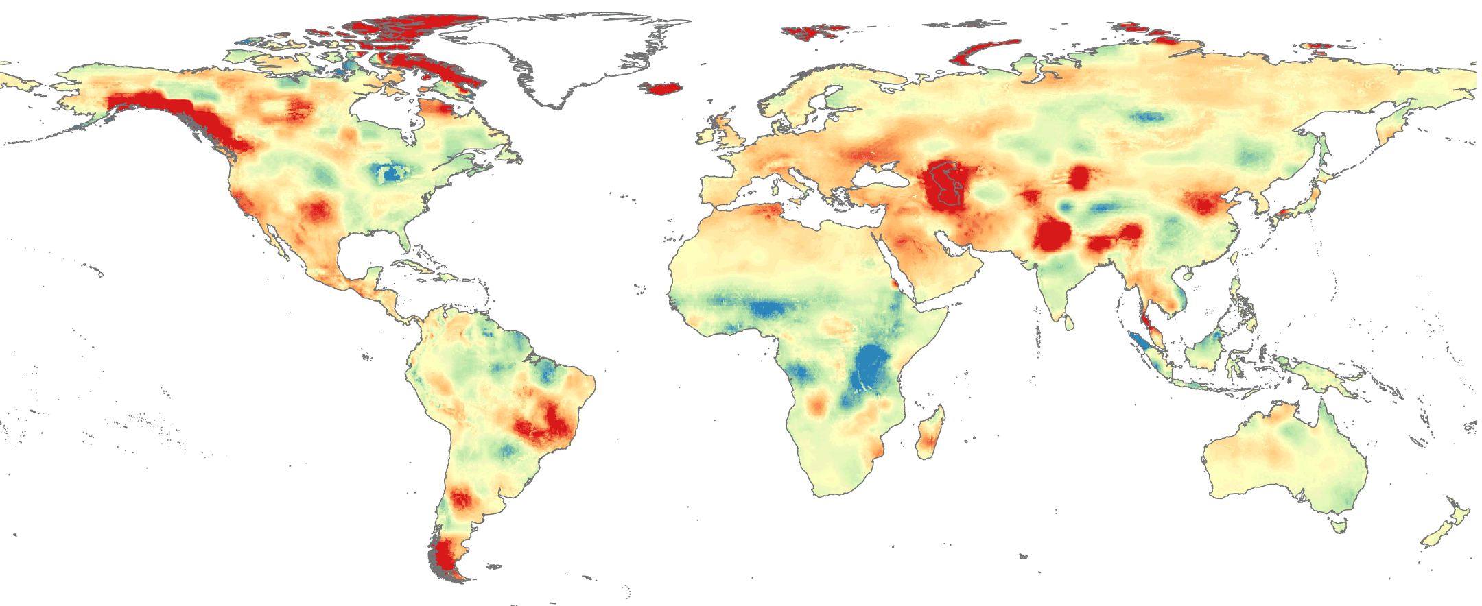 World map shows rates of extreme drying scattered around the Americas and parts of Asia and the Middle East.