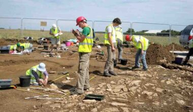 Volunteers from the East Dorset Antiquarian Society pictured during the excavation at Roman Barns, Worth Matravers