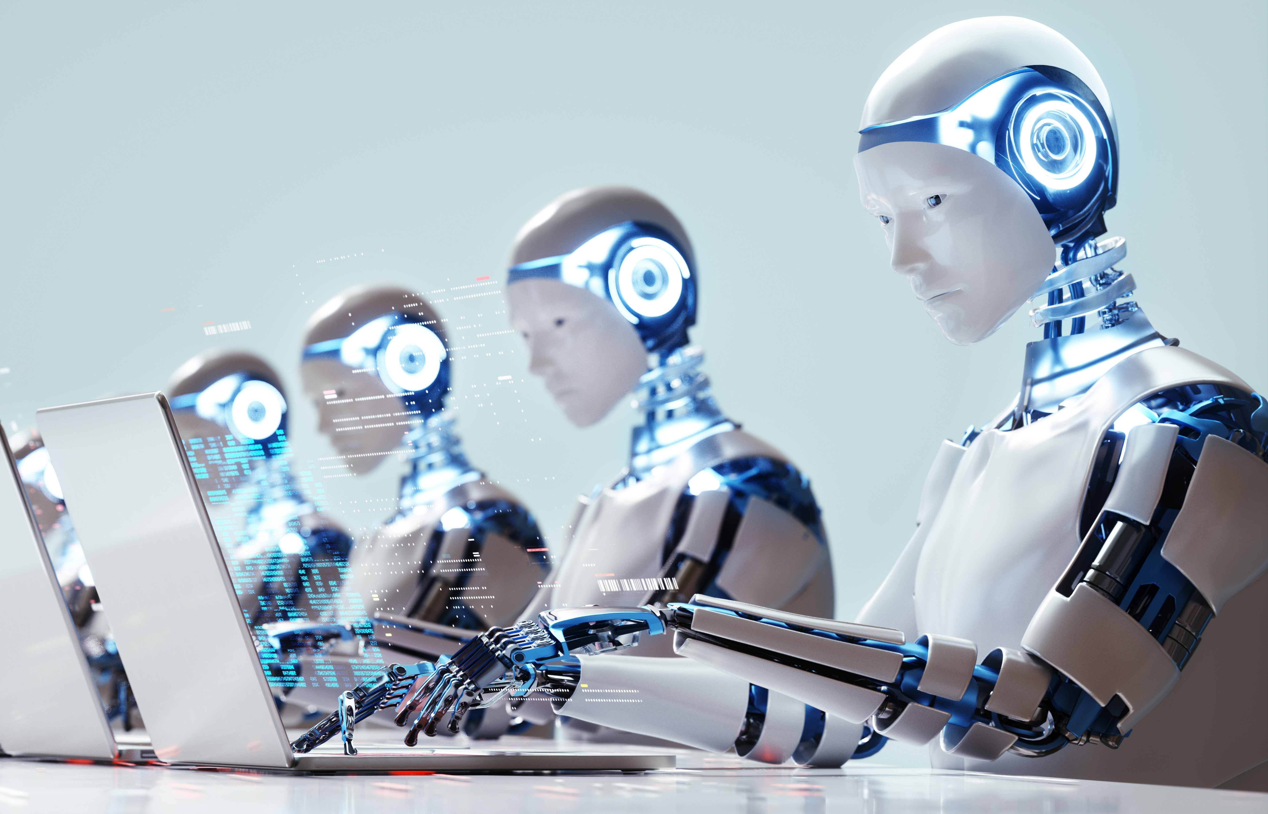 Illustration of multiple robots working on laptops in a row.