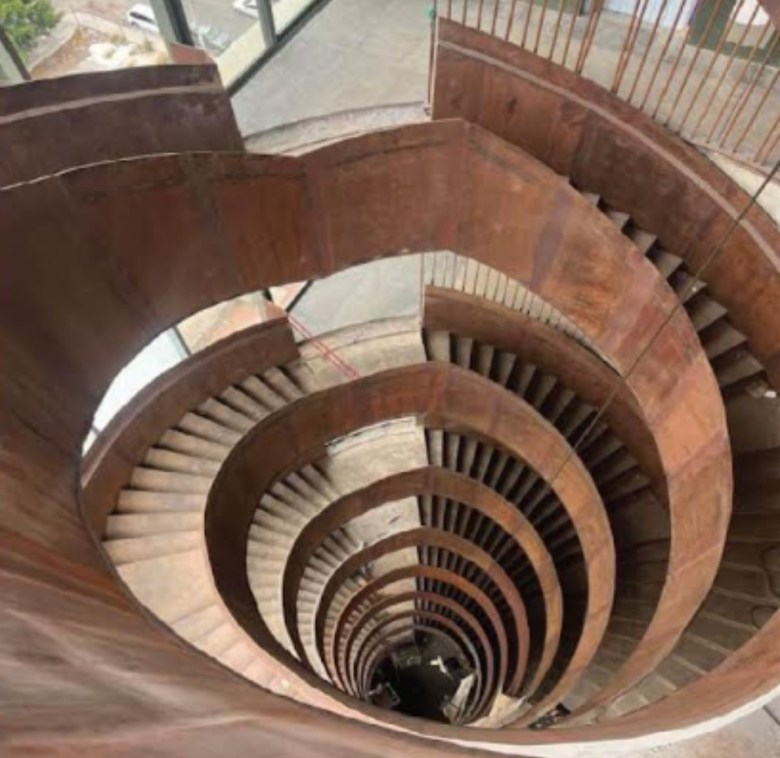 A brow double helix staircase seen from above with twin spirals of stairs that twist. It's an Orchids & Onions winner.
