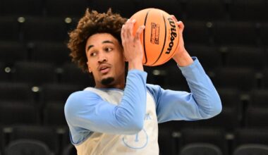 Mar 20, 2025; Milwaukee, WI, USA; North Carolina Tar Heels guard Seth Trimble (7) works out during NCAA Tournament First Round Practice at Fiserv Forum. Mandatory Credit: Benny Sieu-Imagn Images