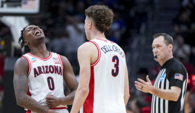 Arizona Wildcats guard Jaden Bradley (0) with guard Anthony Dell'Orso (3).