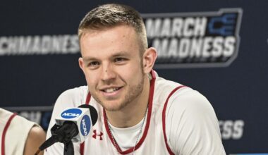 Mar 17, 2022; Milwaukee, WI, USA; Wisconsin Badgers guard Brad Davison (34) answers questions during practice before the first round of the 2022 NCAA Tournament at Fiserv Forum. Mandatory Credit: Benny Sieu-Imagn Images