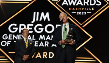 Jun 28, 2023; Nashville, Tennessee, USA; Dallas Stars general manager Jim Nill is awarded the Jim Gregory General Manager of the Year award by Nashville Predators general manager David Poile during the first round of the 2023 NHL Draft at Bridgestone Arena. Mandatory Credit: Christopher Hanewinckel-Imagn Images