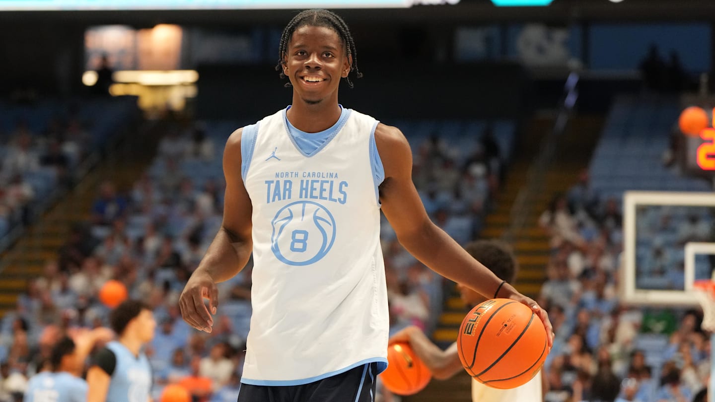 Oct 4, 2025; Charlotte, NC, USA; North Carolina Tar Heels forward Caleb Wilson (8) warms up before the game at Dean E. Smith Center. Mandatory Credit: Bob Donnan-Imagn Images