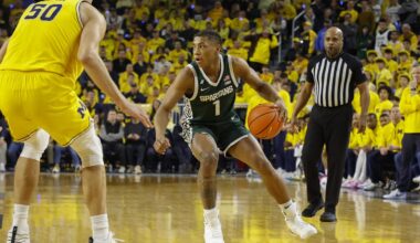 Feb 21, 2025; Ann Arbor, Michigan, USA; Michigan State Spartans guard Jeremy Fears Jr. (1) handles the ball during the second half against the Michigan Wolverines at Crisler Center. Mandatory Credit: Brian Bradshaw Sevald-Imagn Images