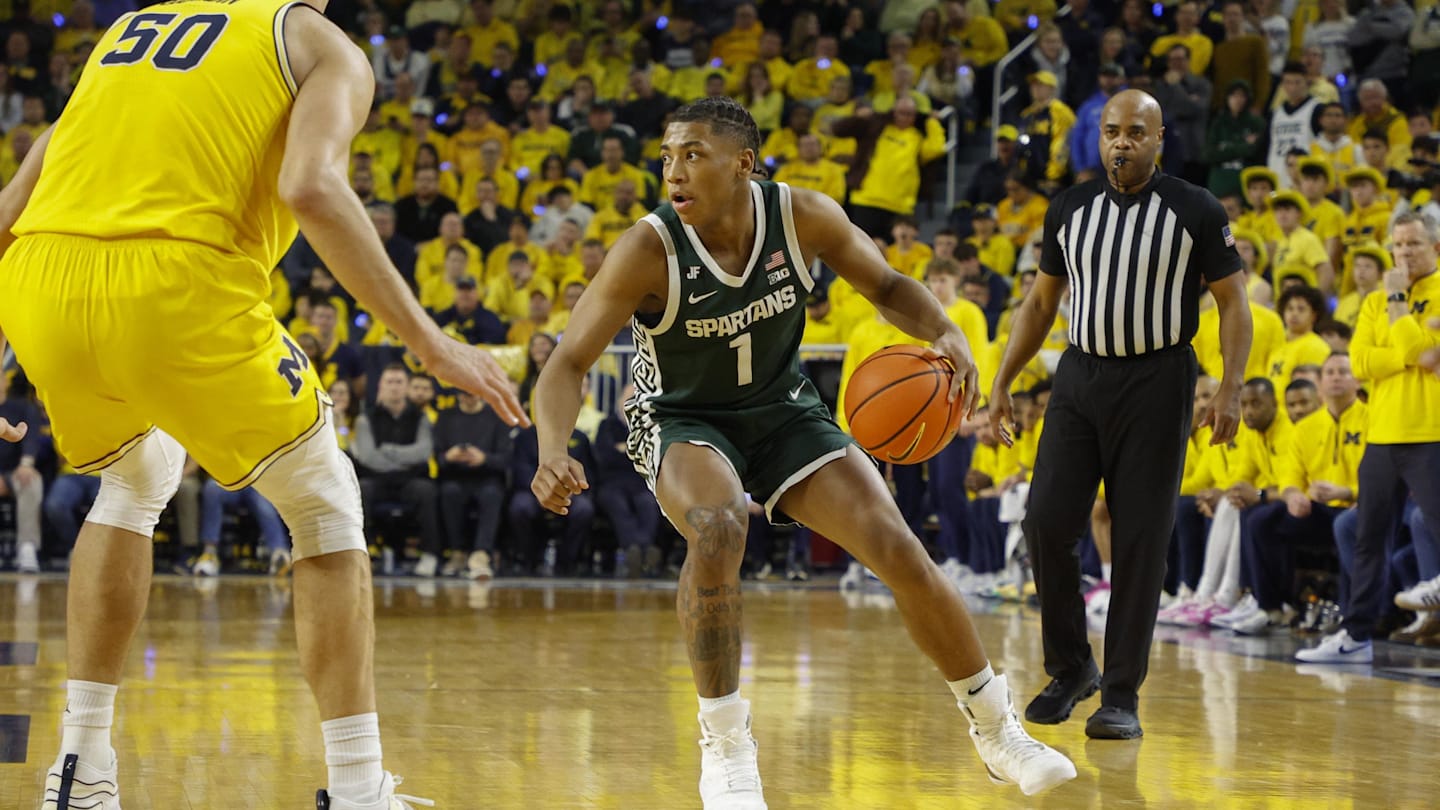 Feb 21, 2025; Ann Arbor, Michigan, USA; Michigan State Spartans guard Jeremy Fears Jr. (1) handles the ball during the second half against the Michigan Wolverines at Crisler Center. Mandatory Credit: Brian Bradshaw Sevald-Imagn Images