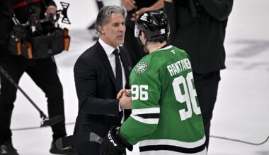 May 3, 2025; Dallas, Texas, USA; Colorado Avalanche head coach Jared Bednar and Dallas Stars right wing Mikko Rantanen (96) after the game between the Dallas Stars and the Colorado Avalanche in game seven of the first round of the 2025 Stanley Cup Playoffs at American Airlines Center. Mandatory Credit: Jerome Miron-Imagn Images