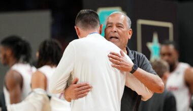 Houston Cougars head coach Kelvin Sampson greets Florida Gators head coach Todd Golden