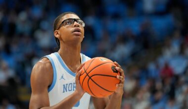 Feb 19, 2025; Chapel Hill, North Carolina, USA; North Carolina Tar Heels forward James Brown (2) at the free throw line in the second half at Dean E. Smith Center. Mandatory Credit: Bob Donnan-Imagn Images