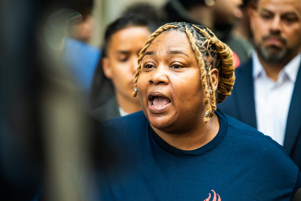 Ald. Jeanette B. Taylor (20th) speaks at a press conference decrying the proposed snap curfew before a City Council meeting on June 18, 2025.
