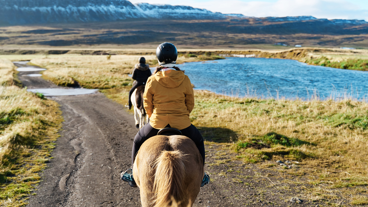 Two people riding horses by an alpine pond are shown from behind.
