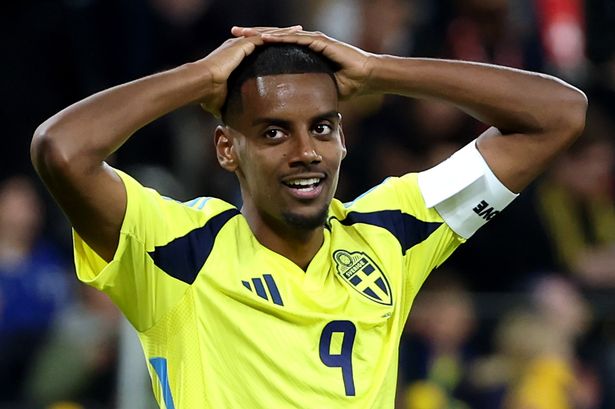 Liverpool striker Alexander Isak reacts while playing for Sweden in their FIFA World Cup 2026 qualifier against Switzerland at Strawberry Arena on October 10 2025 in Solna, Sweden