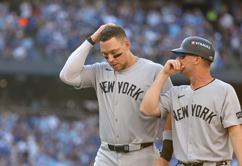 Aaron Judge #99 reacts at the end of the first inning.