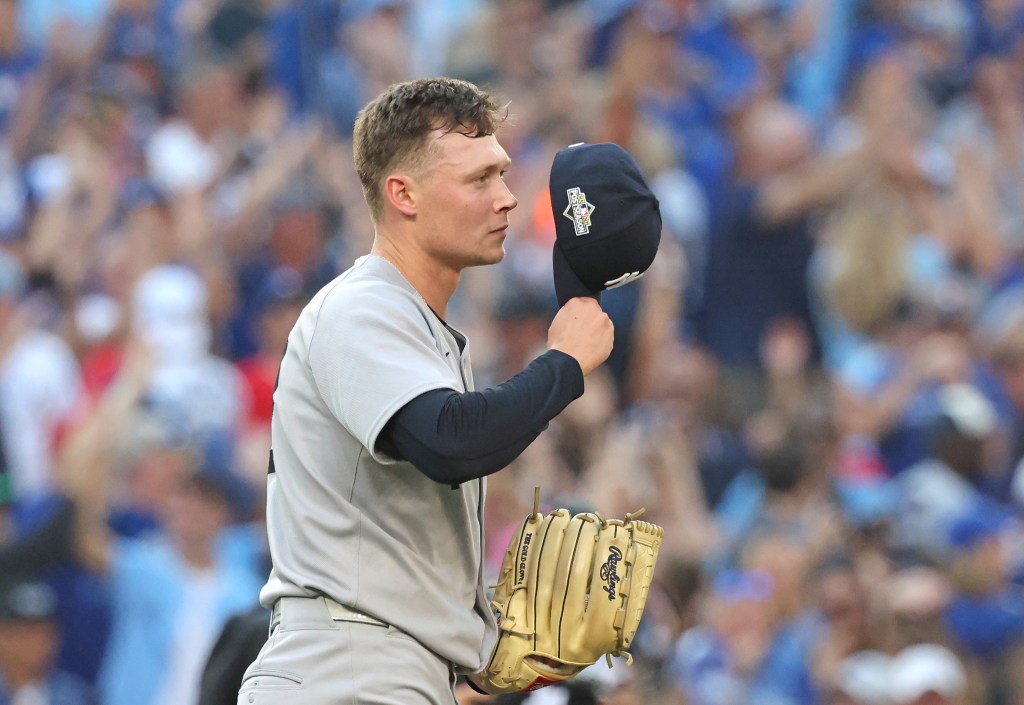Will Warren looks on during the Yankees-Blue Jays game on Oct. 5, 2025.