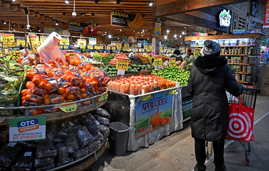 A Food Bazaar supermarket with shelves of various fruits, juices, and other products, and a shopper in a winter coat with a shopping cart.