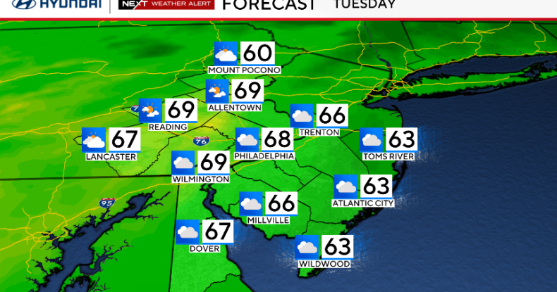 As storm moves out, Tuesday will be cloudy and breezy in Philadelphia area. Here's the weather forecast.