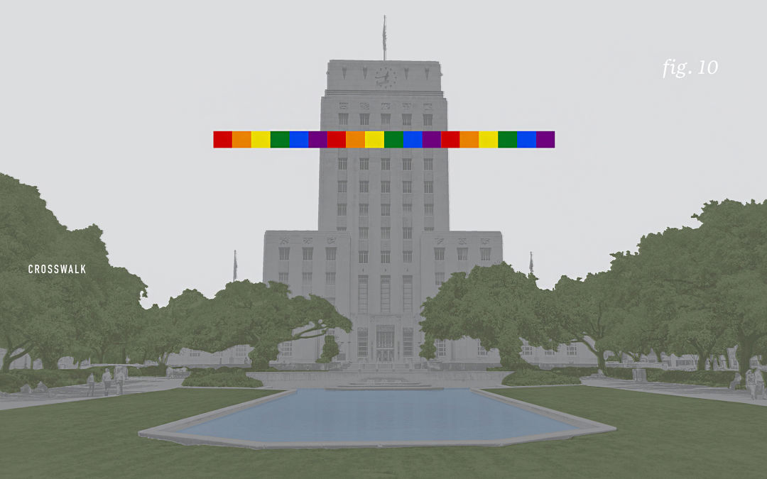 Composite image of Houston city hall building with rainbow crosswalk