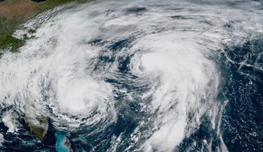 Weather systems in the Atlantic Ocean, Hurricane Imelda, left, and Hurricane Humberto at right