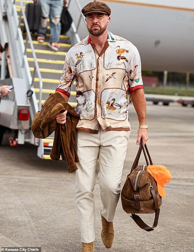 Travis Kelce was seen rocking a bizarre shirt after arriving in Jacksonville on his 36th birthday