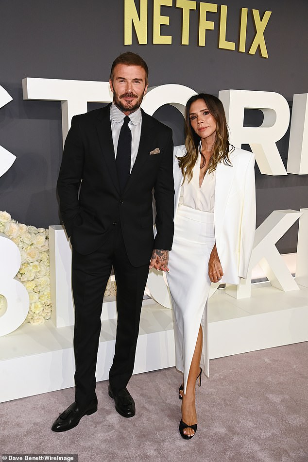 The mother-of-four was joined by her dapper husband David for the unveiling of the three-part series which follows her journey from a Spice Girl, to a WAG and a fashion designer