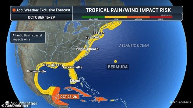 Meteorologists shared predictions, showing parts of the US that could be impacted by tropical rain and wind starting next week