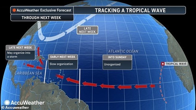 In a worst-case scenario, the wave could organize into a tropical storm over the central Caribbean and move northward with a track near the US Atlantic coast