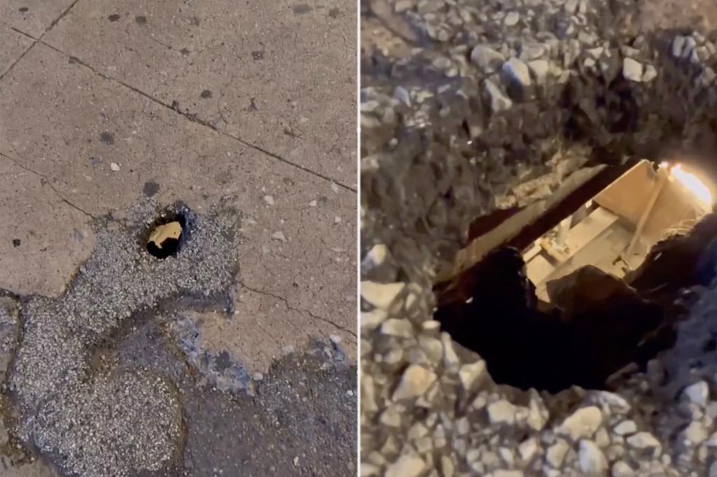 Hole opens onto NYC street -- giving peek into subway below