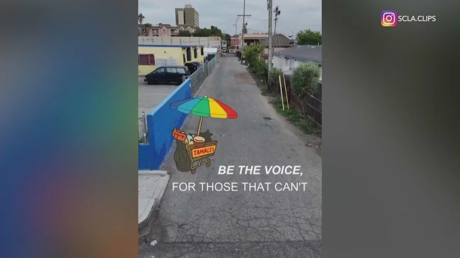 Illustrations of scattered supplies belonging to street vendors, landscapers, and construction workers are seen sitting abandoned over real video, portraying the impact the recent ICE raids have had in local communities. (SCLA.Clips)