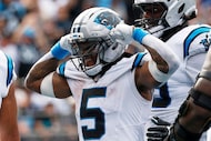 Carolina Panthers running back Rico Dowdle celebrates after scoring against the Miami...
