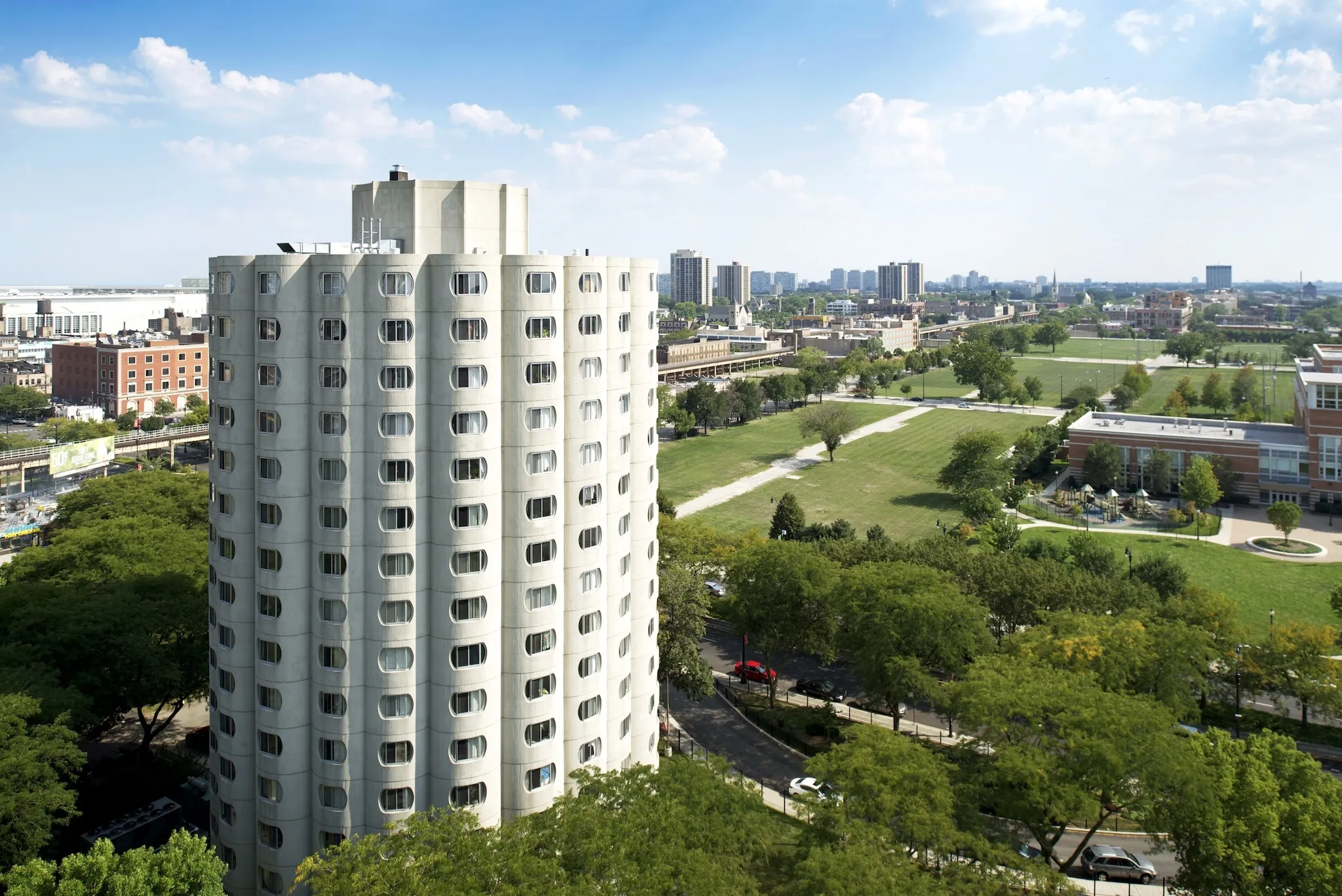 An exterior photograph of the Hilliard Tower Apartments