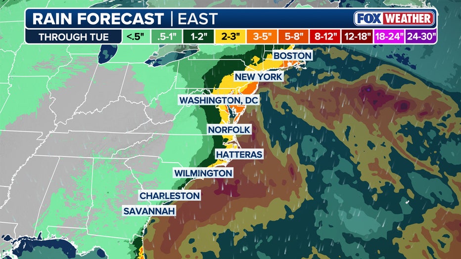 This graphic shows the potential rainfall from this weekend's nor'easter. (FOX Weather)